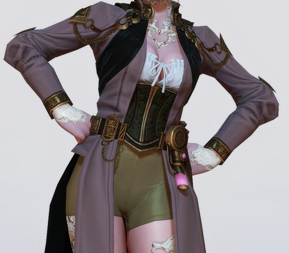 Modeling shot of a fictional character with pale white scales and pale skin wearing a lilac coat with brown trim and bronze-gold adornments. Modeling shot of a fictional character with pale white scales and pale skin wearing a lilac coat with brown trim and bronze-gold adornments.