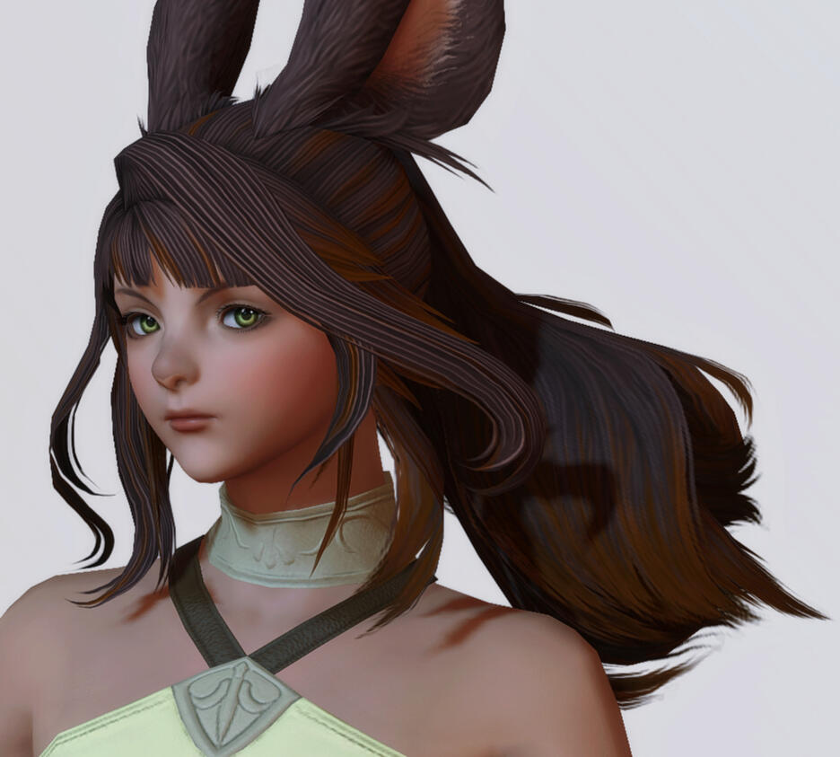 A brown haired, rabbit-eared woman with an olive complexion is showing off a hairstyle with messy, outlandish bangs and a smooth ponytail that flares at the end. A brown haired, rabbit-eared woman with an olive complexion is showing off a hairstyle with messy, outlandish bangs and a smooth ponytail that flares at the end.