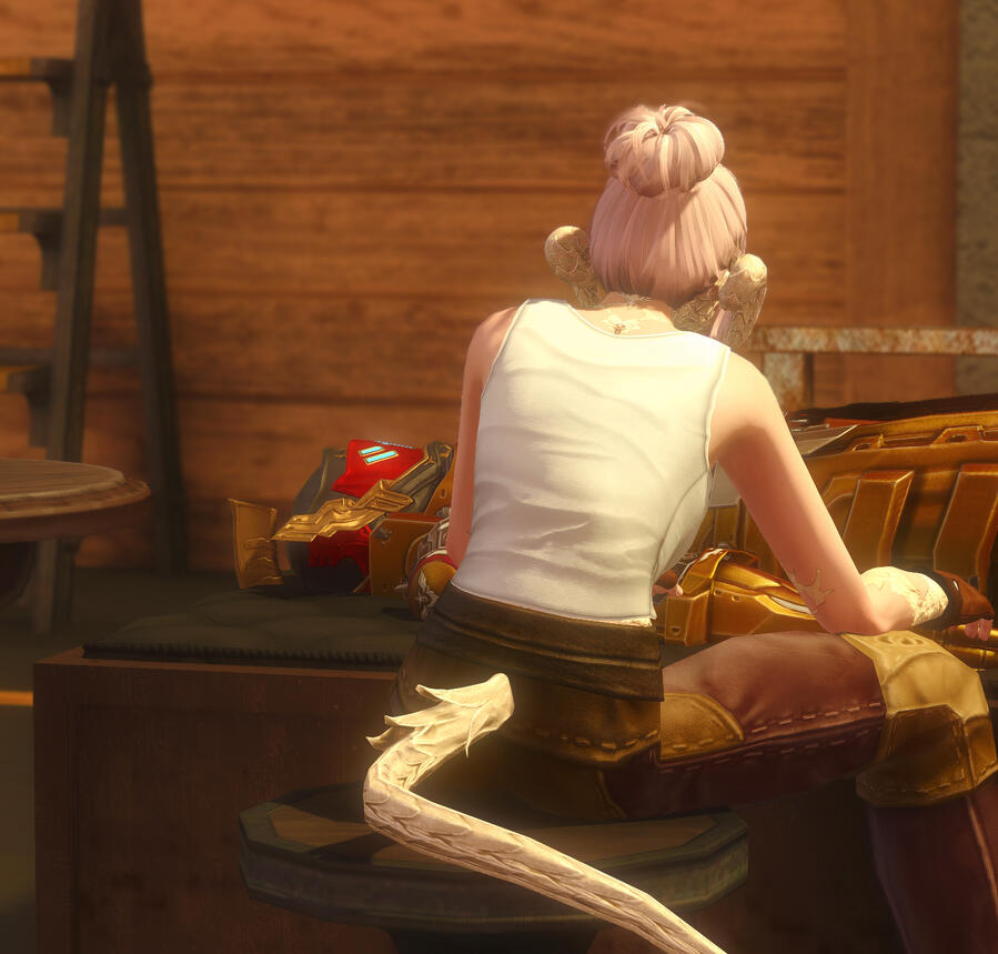 A pink-haired woman with pale gold horns and a tail is seen from the back repairing a gold-and-silver armored robot in a workshop.